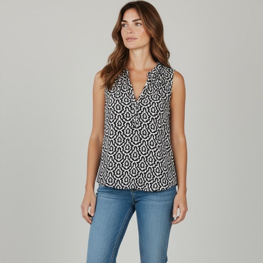 LOFT Black White Print Sleeveless Blouse Med - Picture 4 of 10